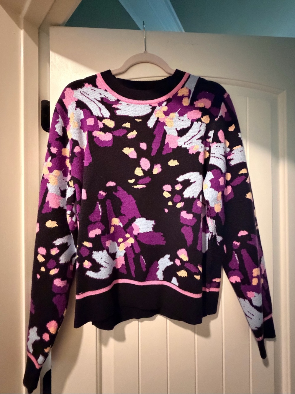 Floral Crewneck Sweater in Black with Purple and Pink Accents